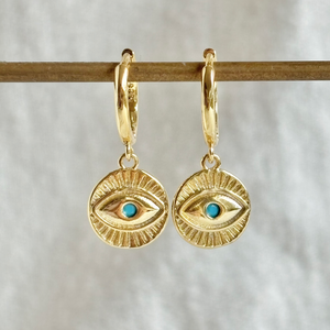 EVIL EYE COIN EAR HOOPS